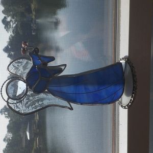 Free standing blue stainglass angel with porcelain roses.